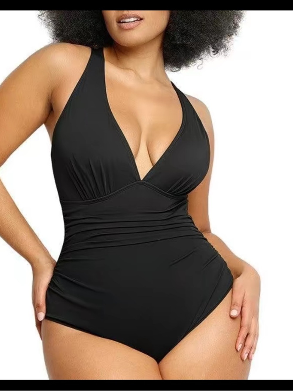 ShapeLLX Smart Sculpt Classic Black Cross-Back - Front Ruched One-Piece Swimsuit - Picture 2 of 7